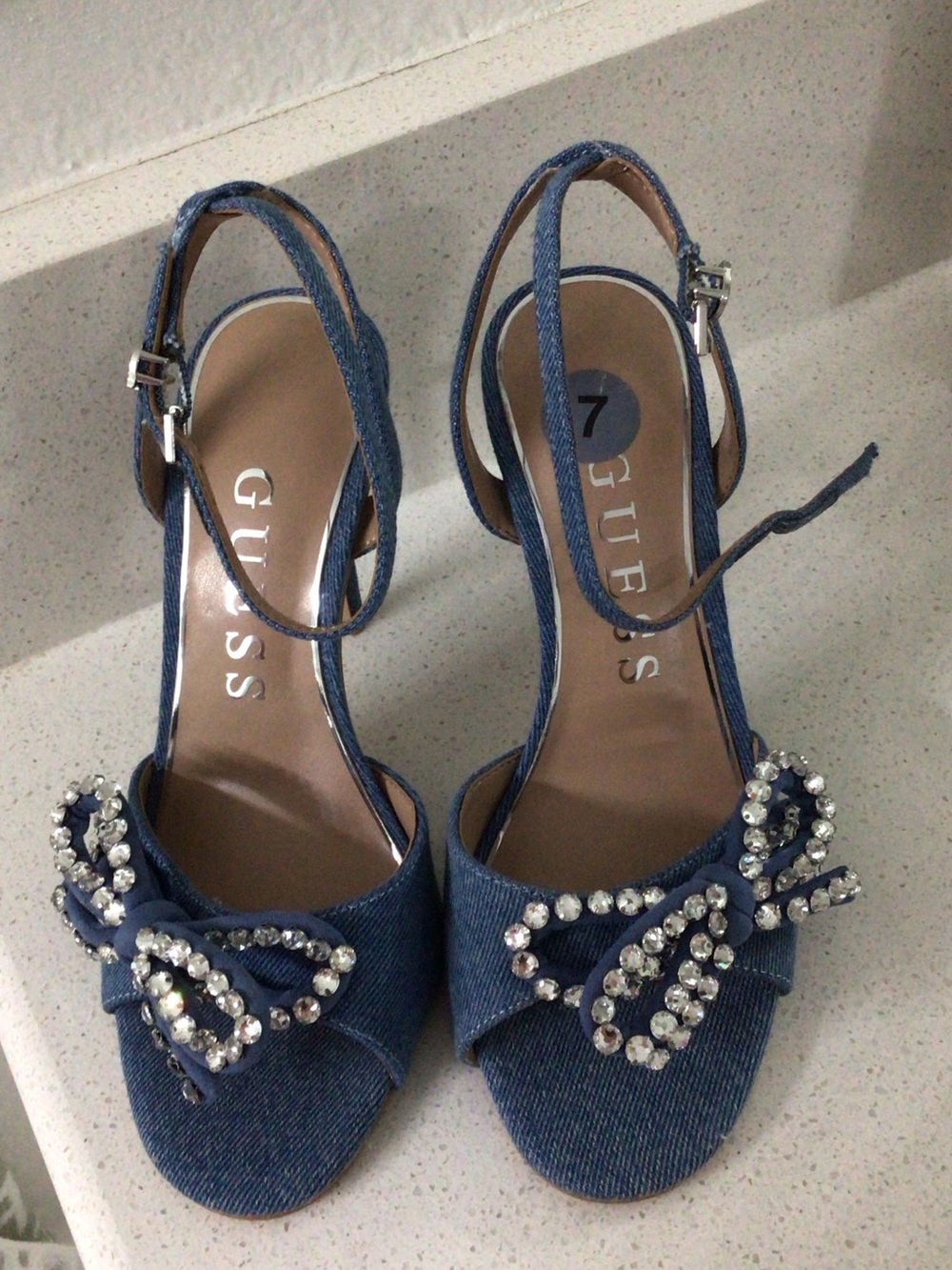 GUESS Denim Crystal Bow Slingback Heels - Picture 6 of 6